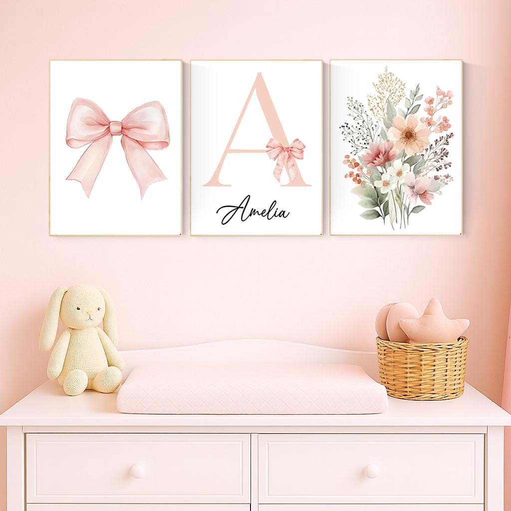 Personalized Nursery Wall Art Set – Blush Pink Bow, Floral & Initial Print
