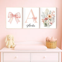 Personalized Nursery Wall Art Set – Blush Pink Bow, Floral & Initial Print