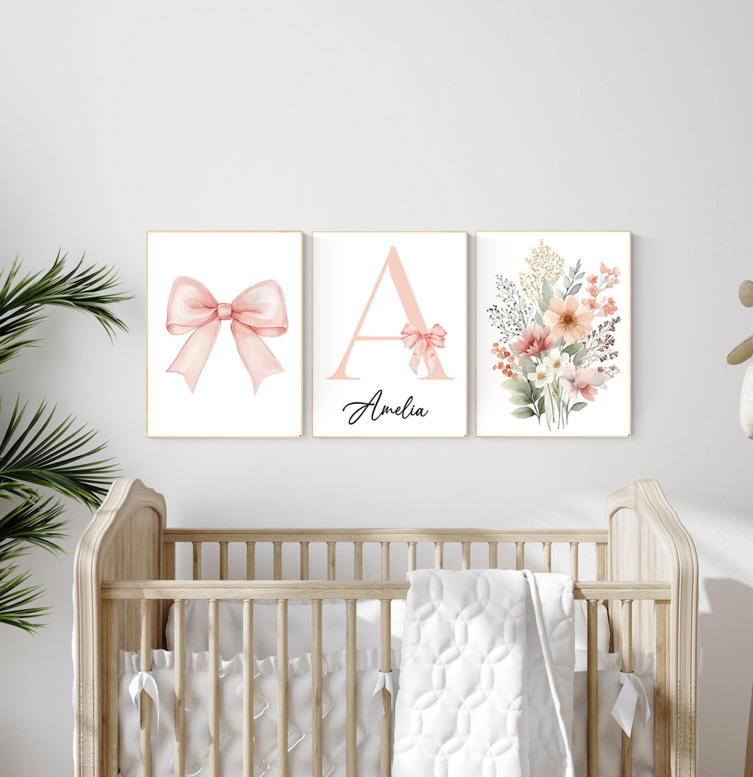 Personalized Nursery Wall Art Set – Blush Pink Bow, Floral & Initial Print