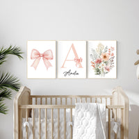 Personalized Nursery Wall Art Set – Blush Pink Bow, Floral & Initial Print