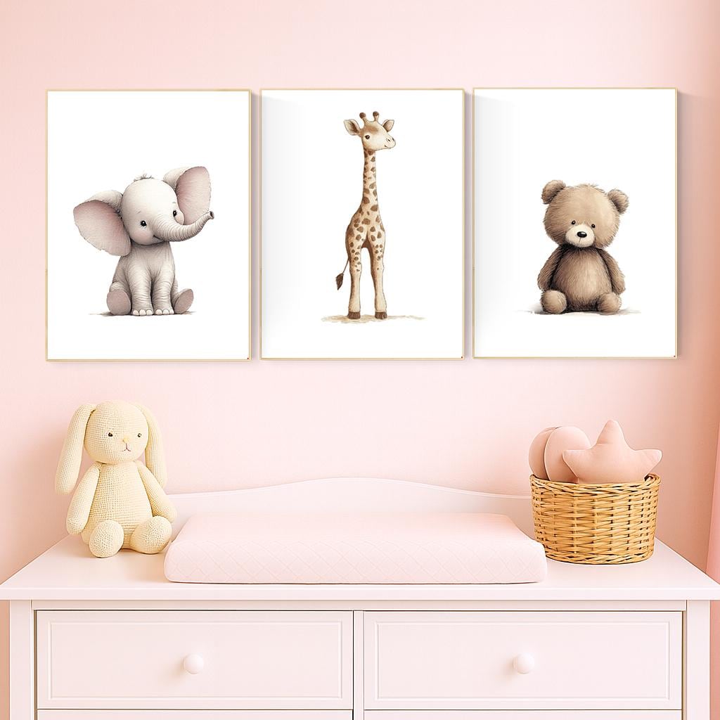 Beige Safari Animal Nursery Prints: Elephant, Giraffe, Bear