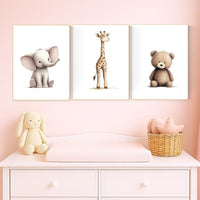 Beige Safari Animal Nursery Prints: Elephant, Giraffe, Bear