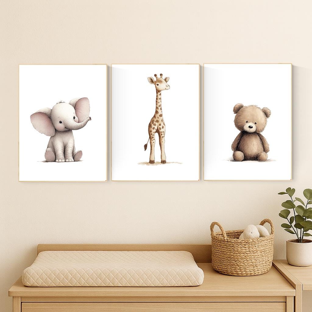 Beige Safari Animal Nursery Prints: Elephant, Giraffe, Bear