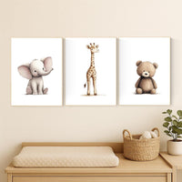 Beige Safari Animal Nursery Prints: Elephant, Giraffe, Bear