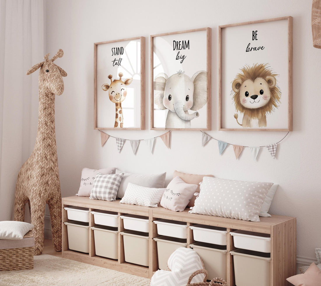 Safari Animal Nursery Prints: Giraffe, Elephant, Lion Wall Art