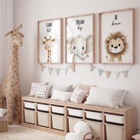 Safari Animal Nursery Prints: Giraffe, Elephant, Lion Wall Art