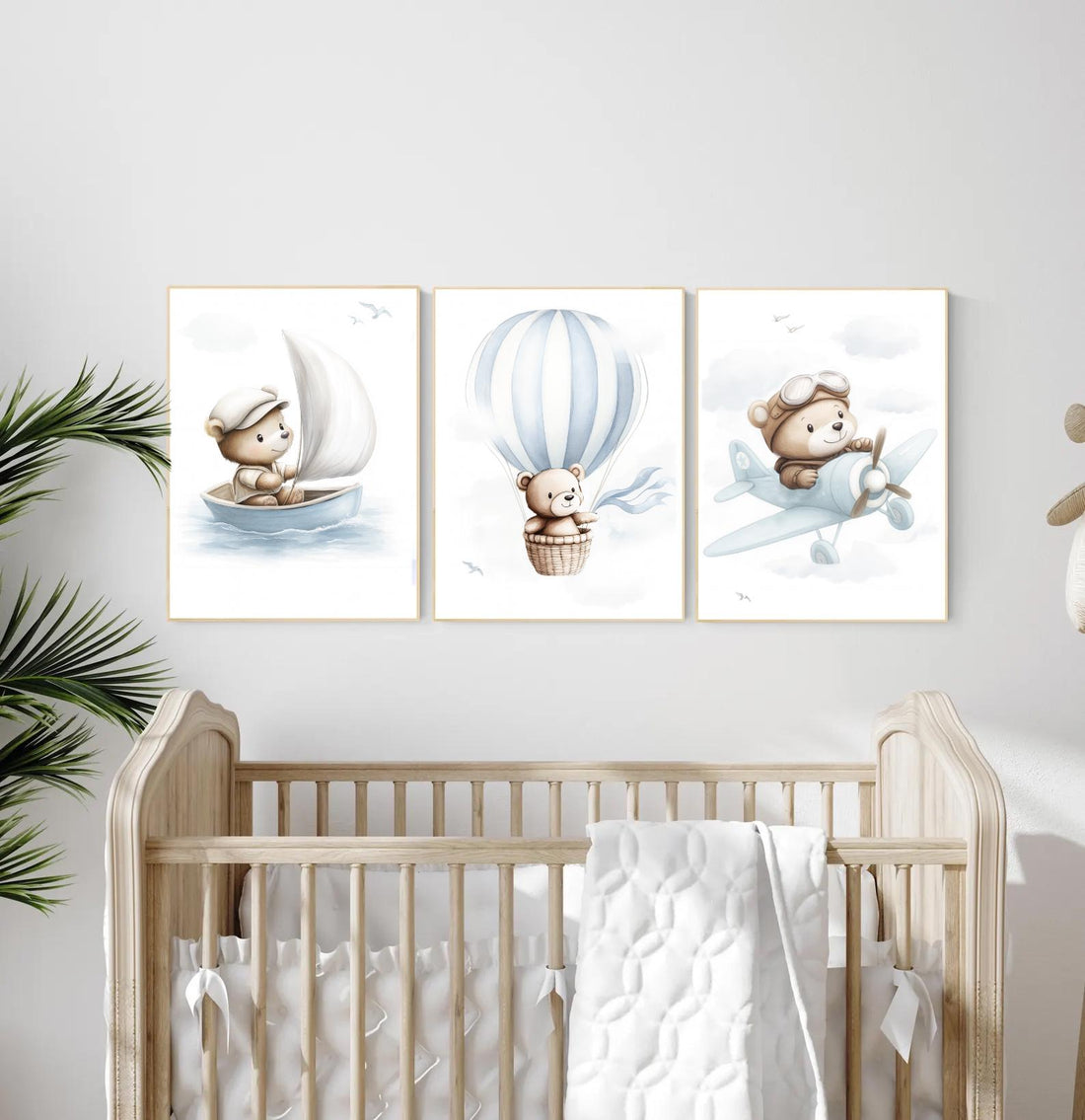 Blue Bear Nursery Art Set: Hot Air Balloon, Boat & Plane Prints