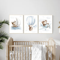 Blue Bear Nursery Art Set: Hot Air Balloon, Boat & Plane Prints