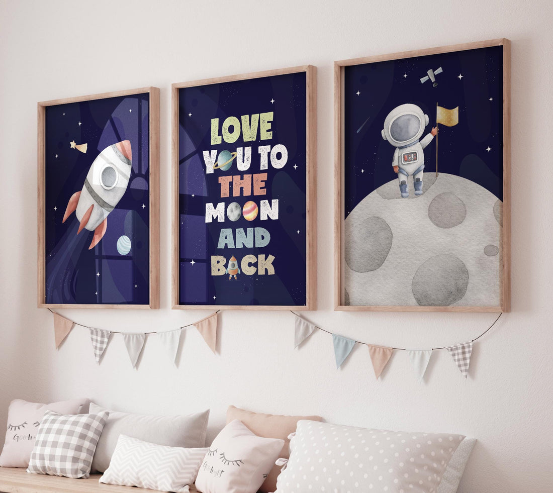 Space Nursery Art Prints: Rocket, Astronaut, Moon Quote