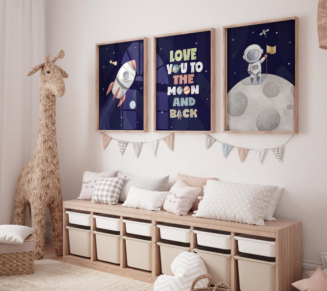 Space Nursery Art Prints: Rocket, Astronaut, Moon Quote