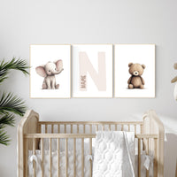 Elephant & Bear Nursery Print Set: Personalized Initial, Animal Art