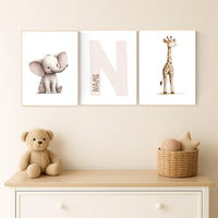 Elephant and Giraffe Nursery Print Set: Personalized Initial, Safari Animals