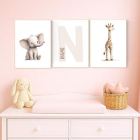 Elephant and Giraffe Nursery Print Set: Personalized Initial, Safari Animals