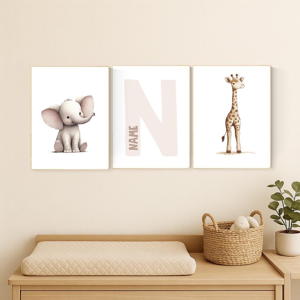 Elephant and Giraffe Nursery Print Set: Personalized Initial, Safari Animals