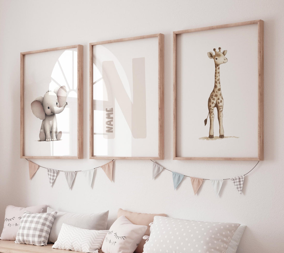 Elephant and Giraffe Nursery Print Set: Personalized Initial, Safari Animals