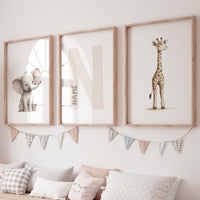 Elephant and Giraffe Nursery Print Set: Personalized Initial, Safari Animals