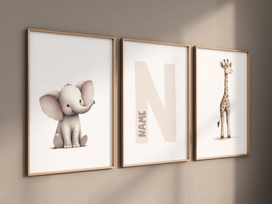 Elephant and Giraffe Nursery Print Set: Personalized Initial, Safari Animals