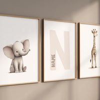 Elephant and Giraffe Nursery Print Set: Personalized Initial, Safari Animals