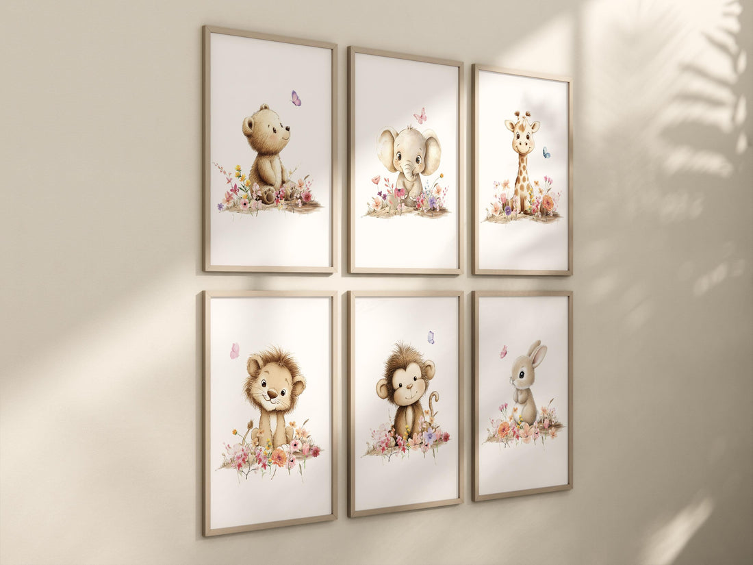Floral Safari Animal Prints: Boho Nursery Decor, Set of 6