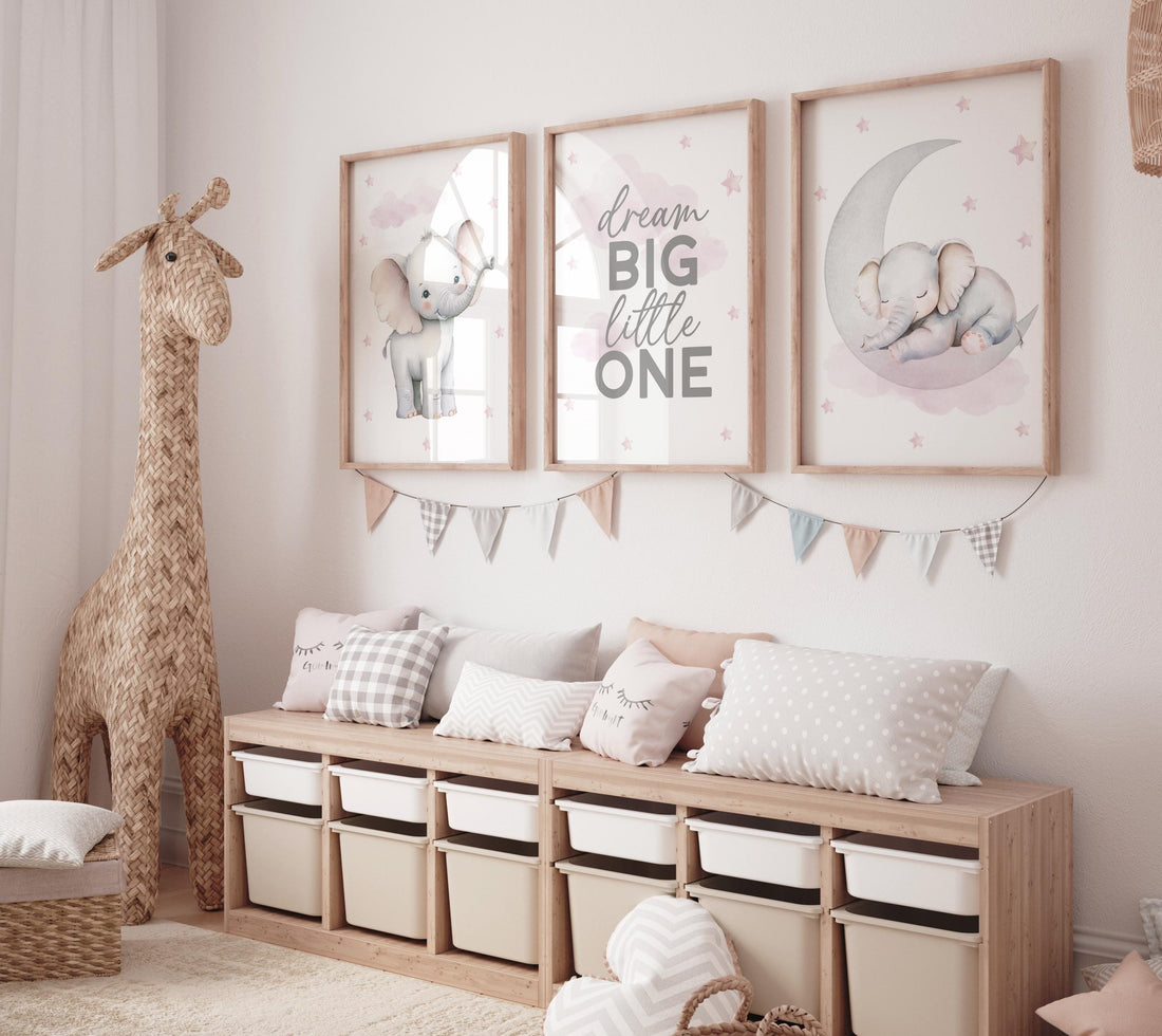 Pink Elephant Nursery Prints Set: Girls Room Decor