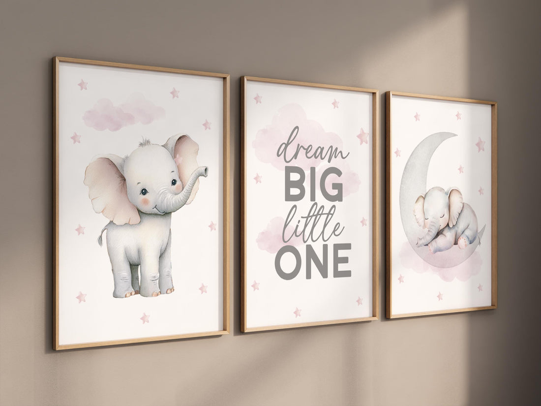 Pink Elephant Nursery Prints Set: Girls Room Decor