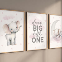 Pink Elephant Nursery Prints Set: Girls Room Decor