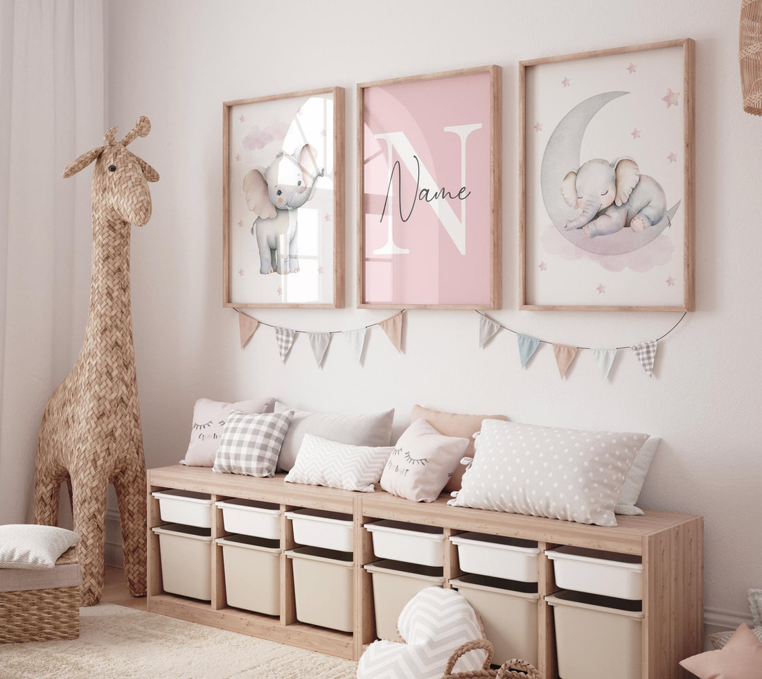 Pink Elephant Nursery Prints Set: Girls Room Decor