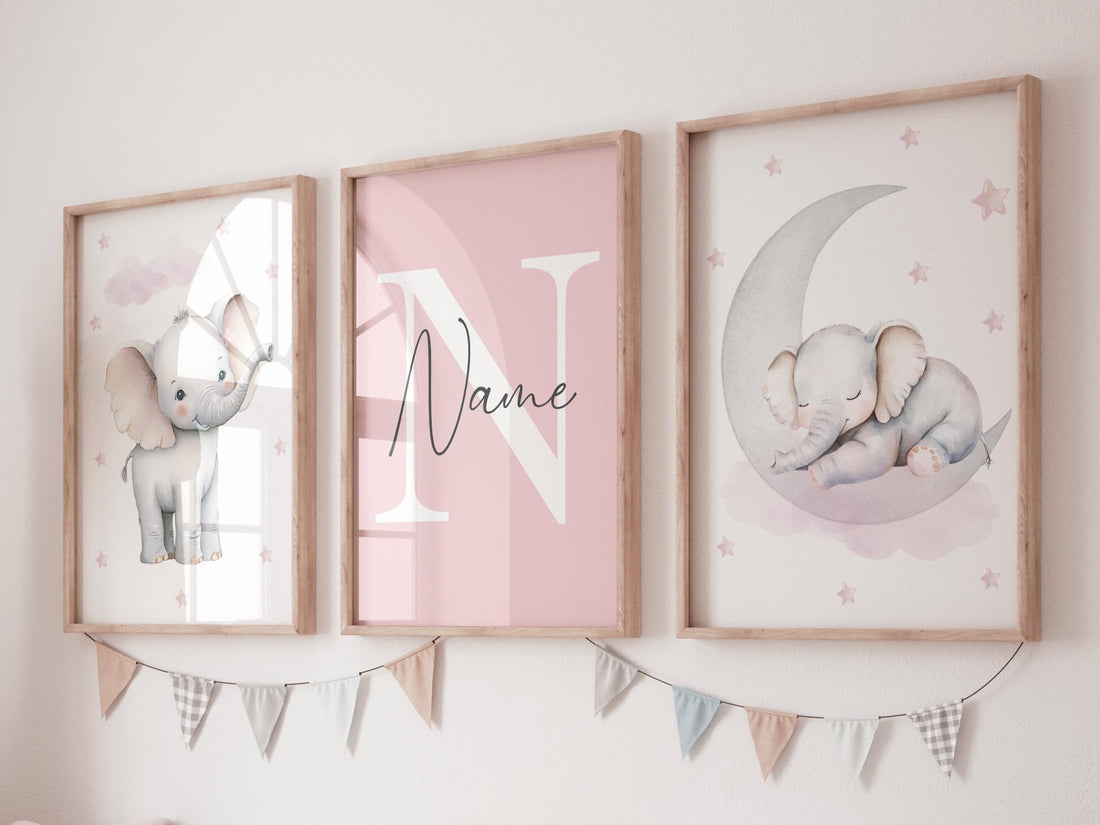 Pink Elephant Nursery Prints Set: Girls Room Decor