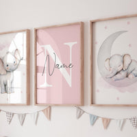 Pink Elephant Nursery Prints Set: Girls Room Decor