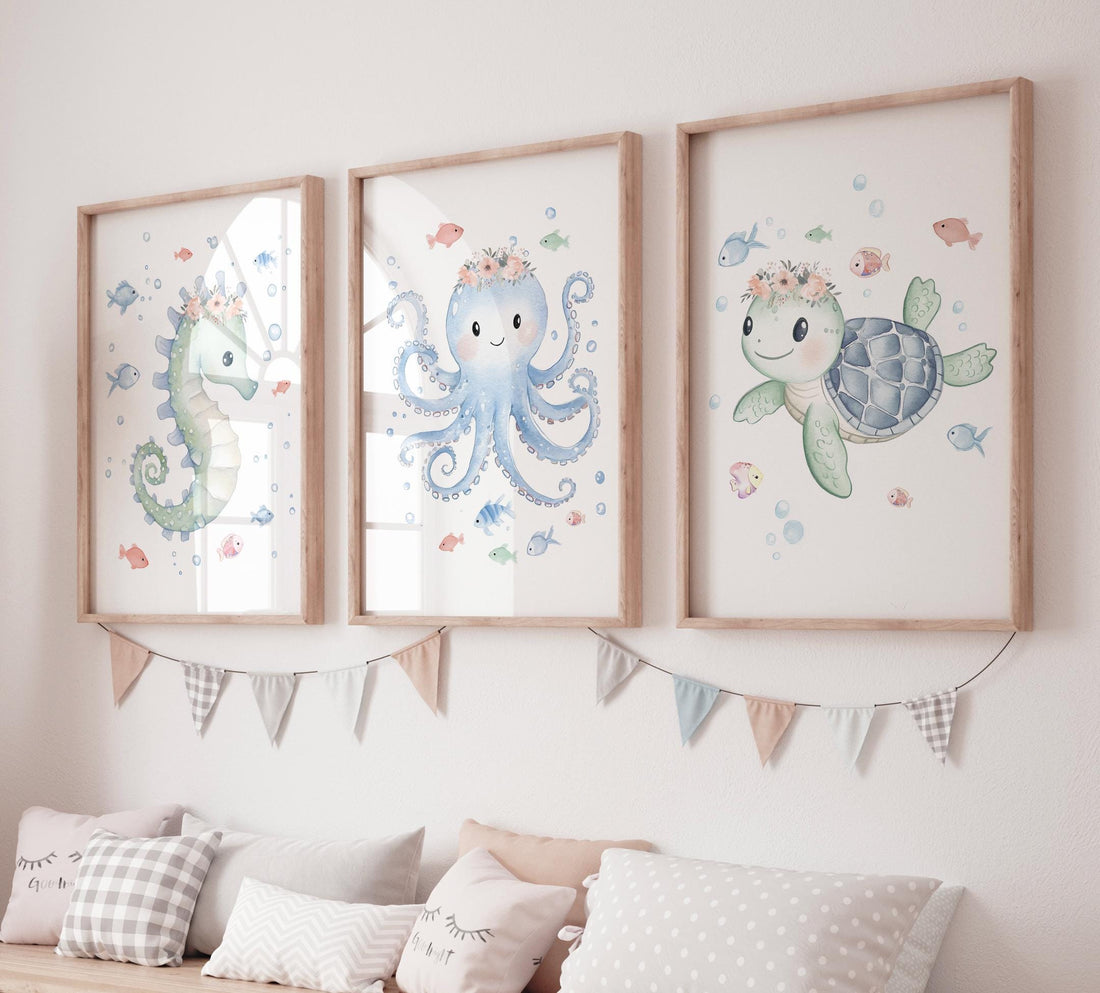 Seahorse Octopus Turtle Nursery Wall Art, Coral and Seafoam Ocean Prints