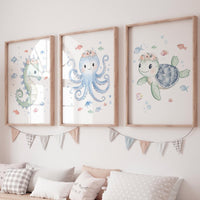 Seahorse Octopus Turtle Nursery Wall Art, Coral and Seafoam Ocean Prints