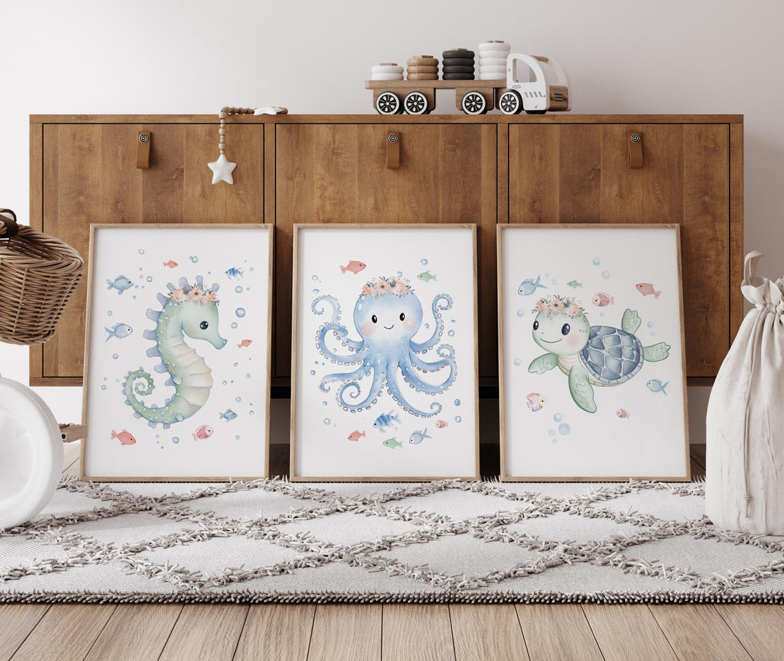 Seahorse Octopus Turtle Nursery Wall Art, Coral and Seafoam Ocean Prints