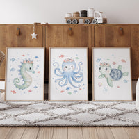 Seahorse Octopus Turtle Nursery Wall Art, Coral and Seafoam Ocean Prints