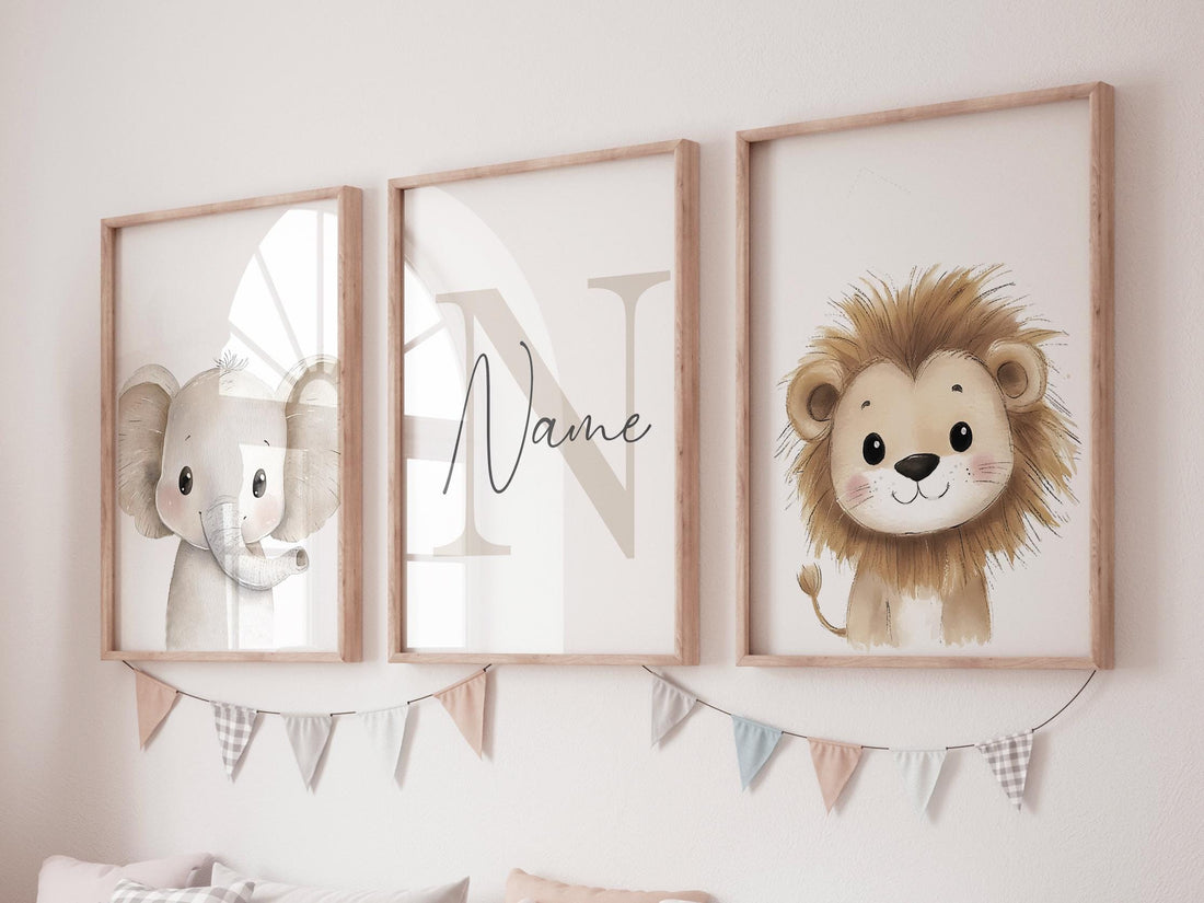 Safari Animal Nursery Prints: Watercolor Lion, Giraffe, Elephant Art (Set of 3)