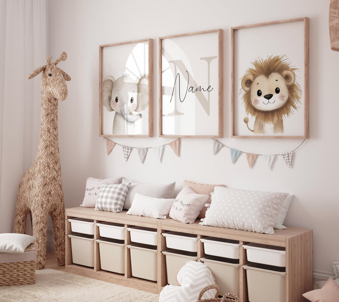 Safari Animal Nursery Prints: Watercolor Lion, Giraffe, Elephant Art (Set of 3)
