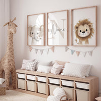 Safari Animal Nursery Prints: Watercolor Lion, Giraffe, Elephant Art (Set of 3)