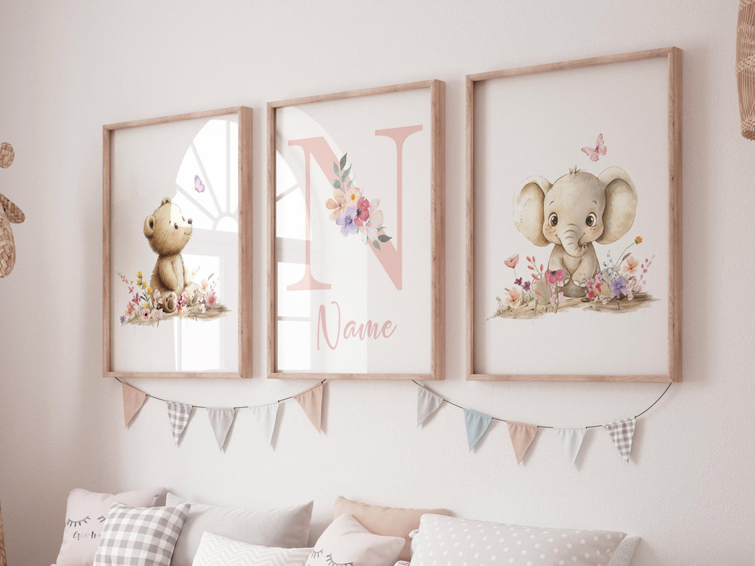 Personalized Bear & Elephant Nursery Print Set | Floral Baby Name Wall Art