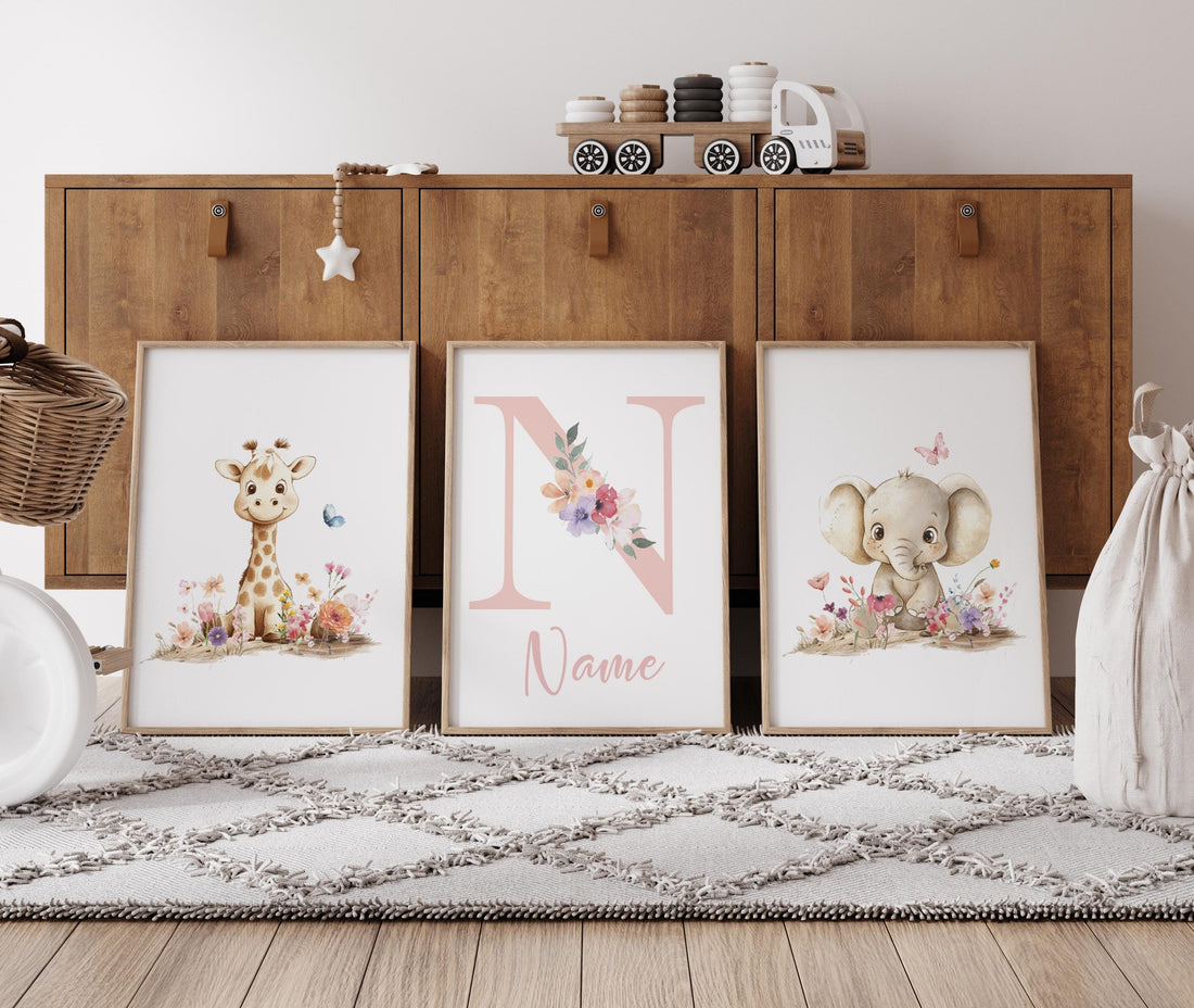 Giraffe & Elephant Nursery Art | Personalized Floral Name Print