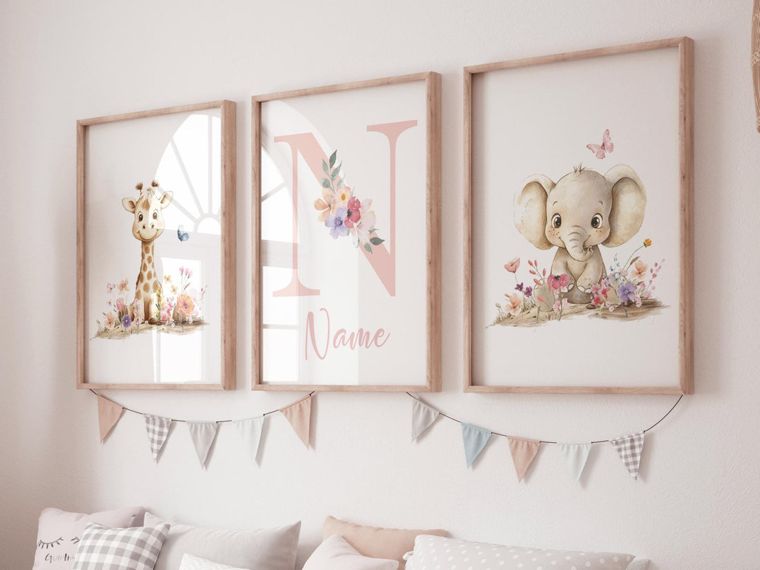 Giraffe & Elephant Nursery Art | Personalized Floral Name Print