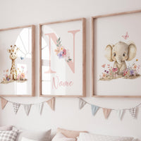 Giraffe & Elephant Nursery Art | Personalized Floral Name Print