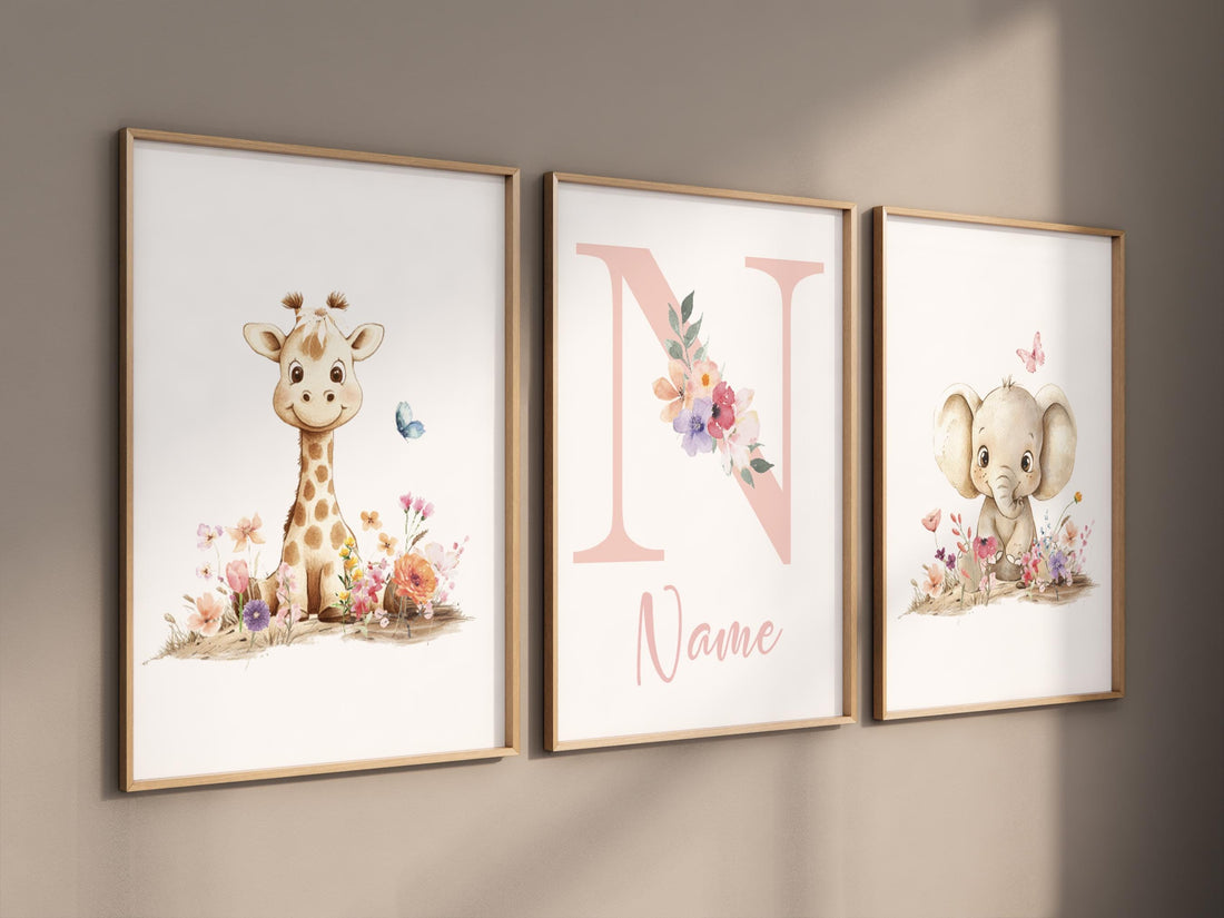 Giraffe & Elephant Nursery Art | Personalized Floral Name Print