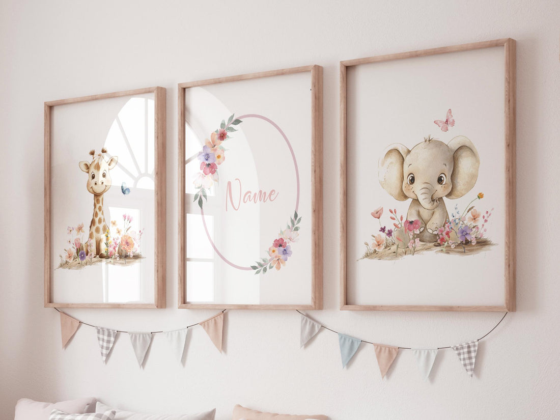 Floral Safari Nursery Art | Giraffe, Elephant, Personalized Print