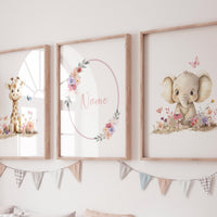 Floral Safari Nursery Art | Giraffe, Elephant, Personalized Print