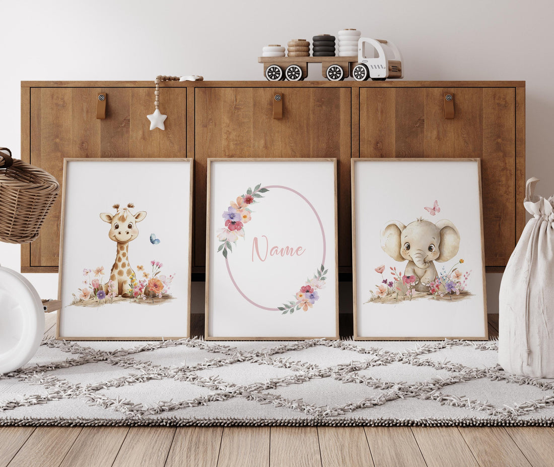 Floral Safari Nursery Art | Giraffe, Elephant, Personalized Print