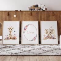 Floral Safari Nursery Art | Giraffe, Elephant, Personalized Print