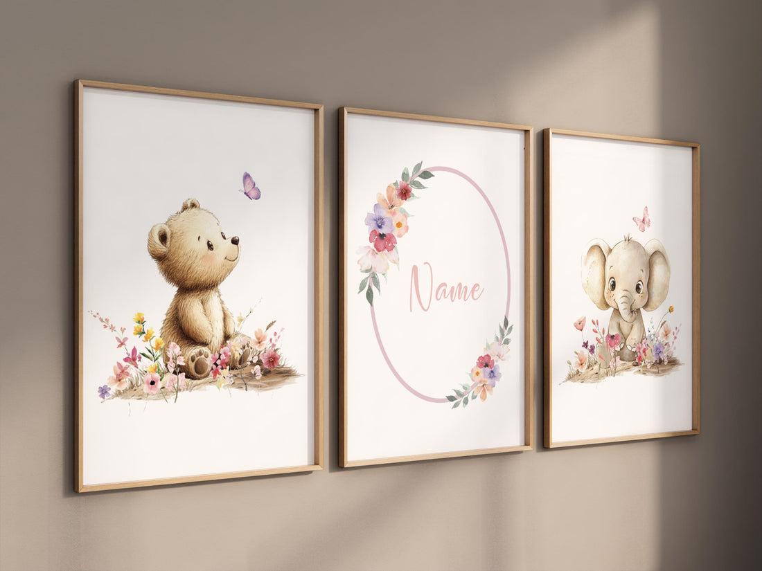 Personalized Baby Name Nursery Art | Bear & Elephant Floral Prints