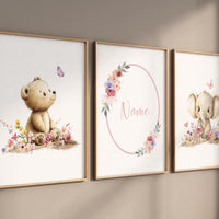 Personalized Baby Name Nursery Art | Bear & Elephant Floral Prints
