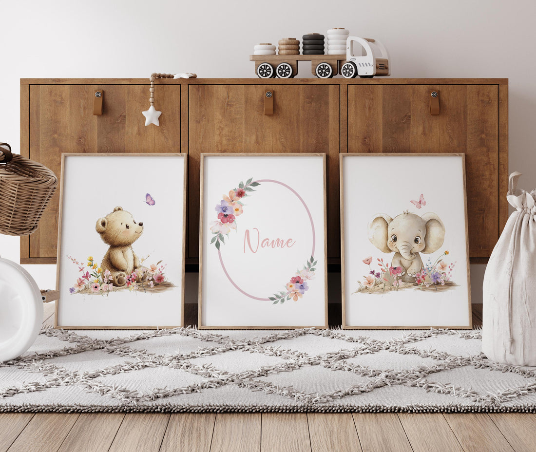 Personalized Baby Name Nursery Art | Bear & Elephant Floral Prints