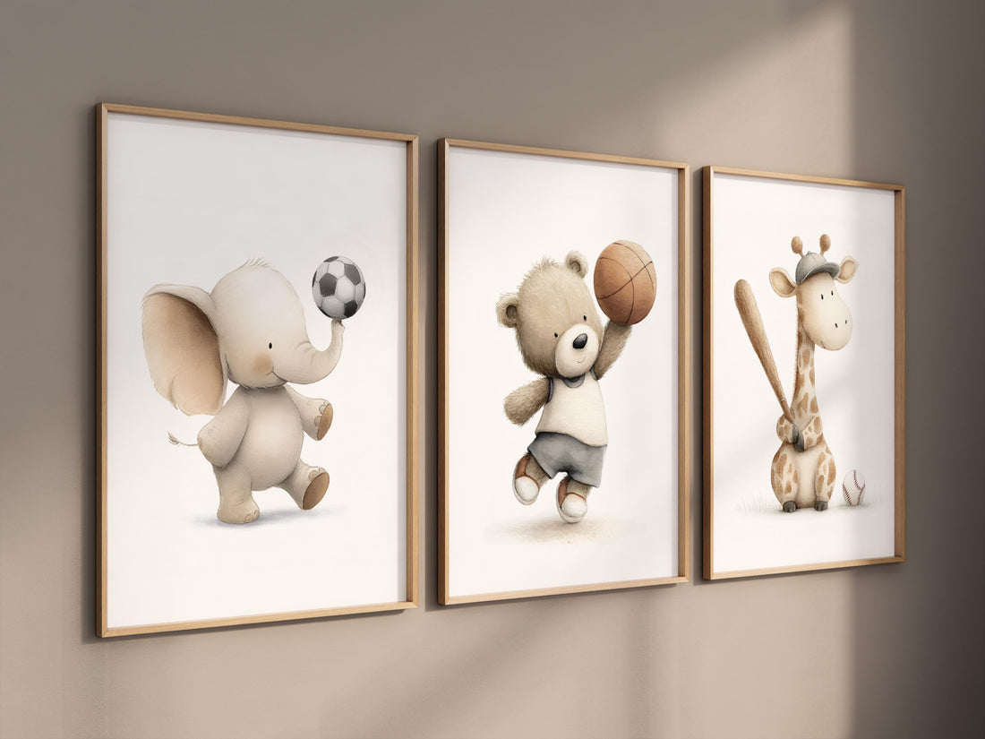Baby Animal Sports Nursery Print: Baseball, Soccer, Basketball