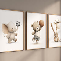 Baby Animal Sports Nursery Print: Baseball, Soccer, Basketball